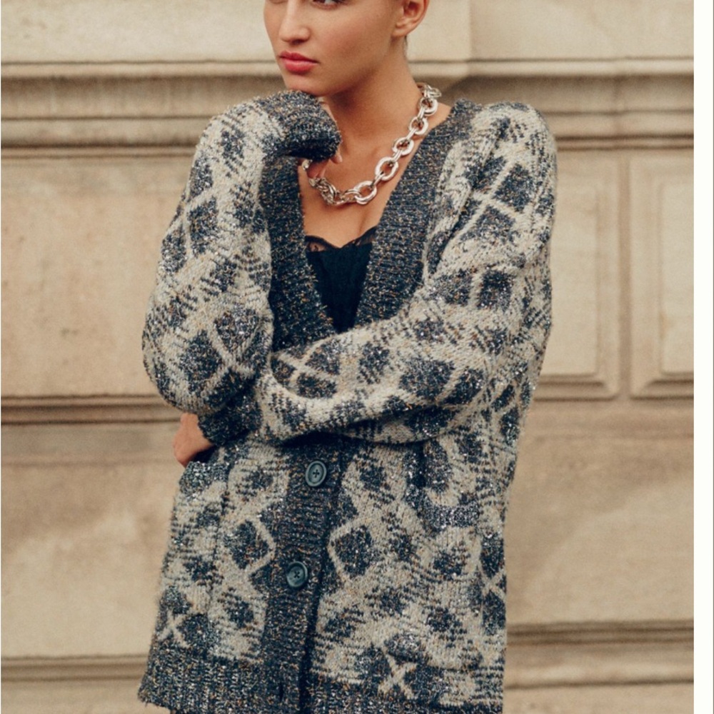 Maeve Black and Gray Patterned Cardigan